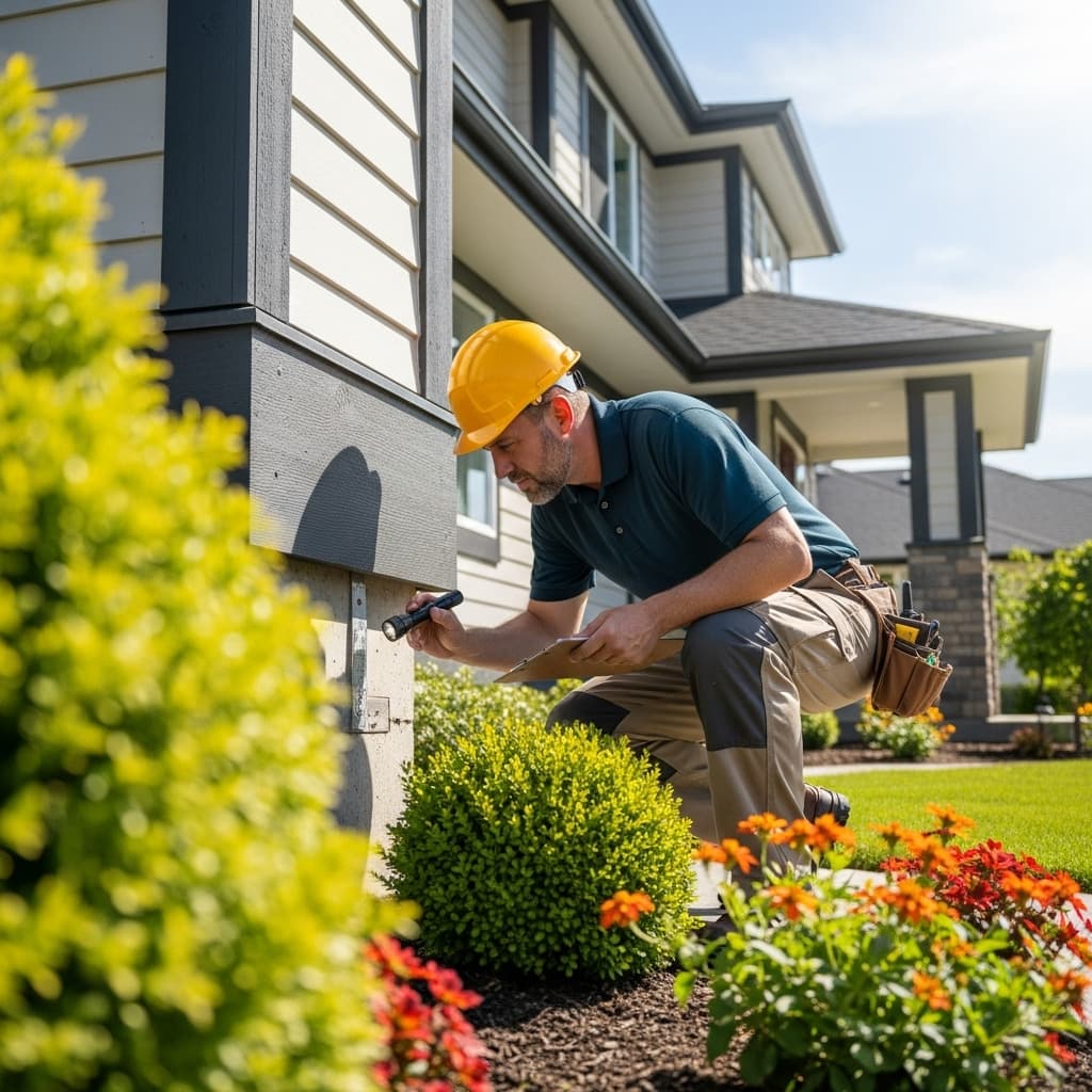 Building inspector examining the exterior of a house with a tablet